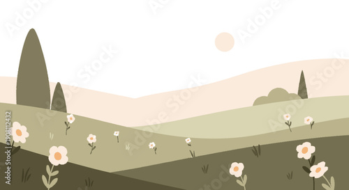 White Flowers in Rolling Hills Landscape.