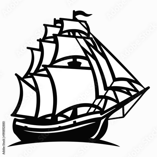Vintage Nautical Sailing Ship Illustration in Black and White Vector Line Art Style