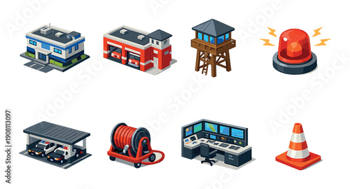 Isometric emergency icons set with buildings, alarms, and equipment