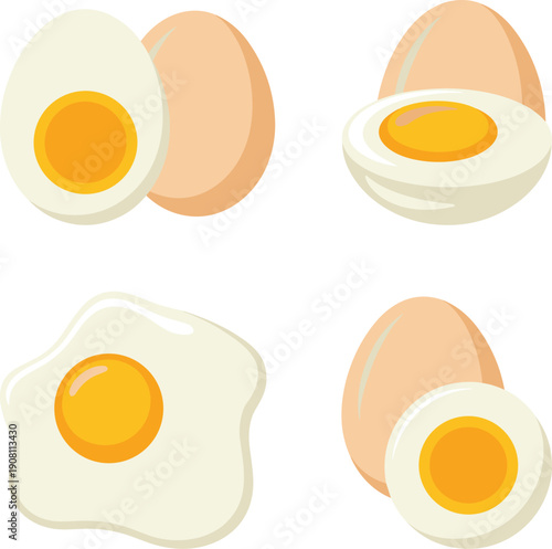 Egg illustration set showing whole egg, boiled egg, and fried egg variations, colorful flat food icons isolated on white background for cooking concepts