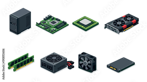 Isometric computer hardware icons: cpu, gpu, ram, motherboard, ssd, psu, fan
