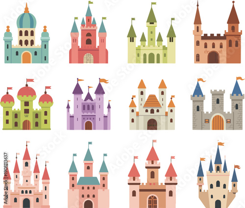 Fantasy fairy tale castle collection isolated on white background, colorful medieval palace illustrations for storybook design, kids projects, games, and creative vector artwork