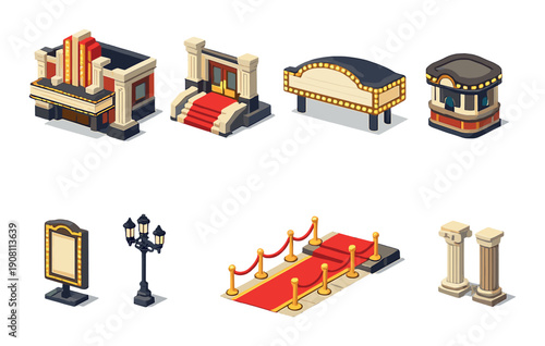 Isometric design of theater and cinema icons with red carpet and marquee