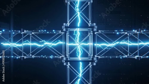 Energizing central metallic truss pulsing blue plasma along crossbeam for testing in dark lab