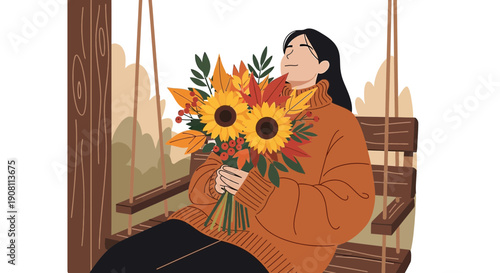 Woman with Autumn Flowers on Swing, Cozy Season Illustration