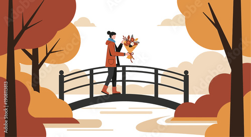 Woman with Bouquet on Autumn Bridge, Seasonal Nature Illustration