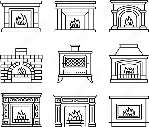 Fireplace line icon set featuring classic and modern hearth designs, wood stove and brick fireplace outlines, minimalist interior heating symbols isolated on white background
