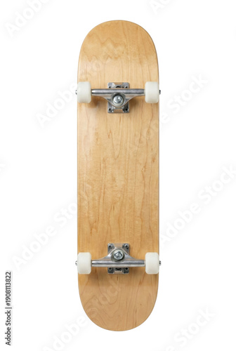 Light wood skateboard bottom view isolated. Sport equipment concept.