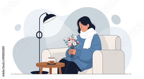 Woman with Bouquet Sitting in Armchair, Cozy Interior Scene with Lamp and Tea