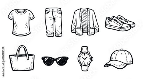 Hand-drawn fashion icons - clothing, accessories, and shoes on dark background