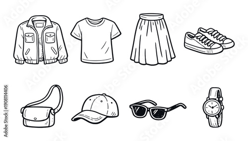 Hand-drawn fashion icons: jacket, t-shirt, skirt, sneakers, bag, cap, sunglasses, watch