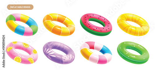 Collection of patterned inflatable swim rings shown from an isometric perspective. Realistic 3D lifebuoy set for summer vacation, pool parties, and beach fun. Vector illustration.
