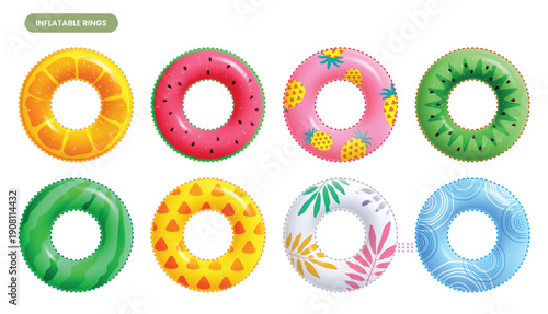 Summer inflatable ring collection featuring fruit patterns like watermelon, pineapple, kiwi, and citrus. Vibrant 3D swim float set for pool and beach vacation design. Vector illustration.