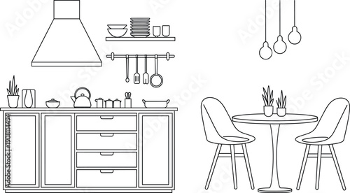 Minimalist kitchen and dining room line illustration featuring modern cabinets, table, chairs, utensils, shelves, and pendant lights, clean interior design outline style