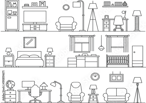 Εκτύπωση καμβά Modern home interior line illustration set featuring living room, bedroom, and w