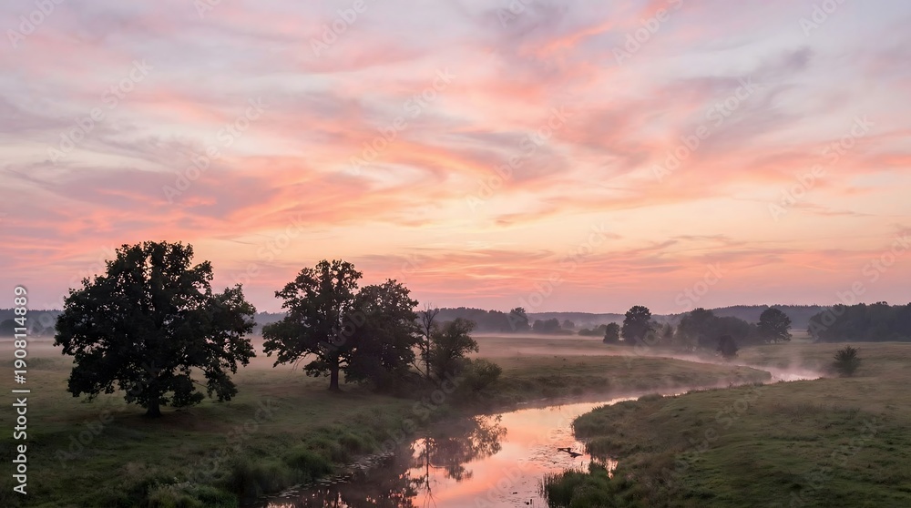 Fototapeta premium Serene landscape with a winding stream at sunrise or sunset.