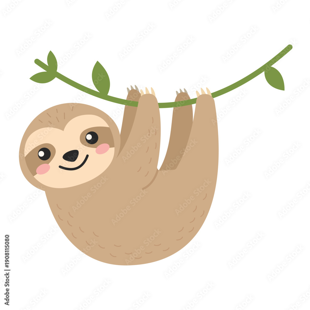Naklejka premium Cute Sloth Hanging on Tree Branch Vine Flat Vector Illustration