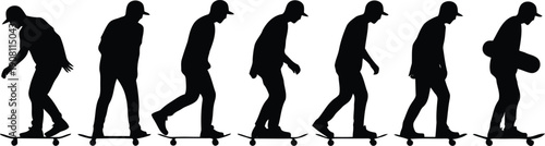 Silhouette sequence of a skateboarder performing movements or tricks on a longboard for street sport
