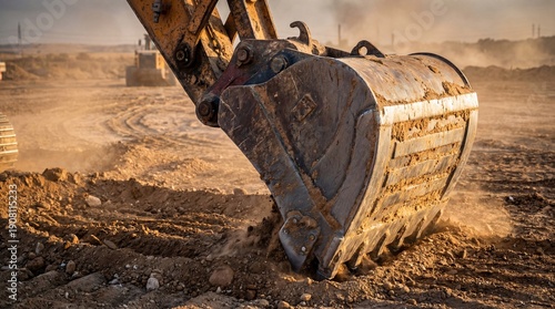 Wallpaper Mural Close up of excavator bucket digging into dry earth. Heavy machinery at a dusty construction site. Industrial earthmoving and excavation work Torontodigital.ca
