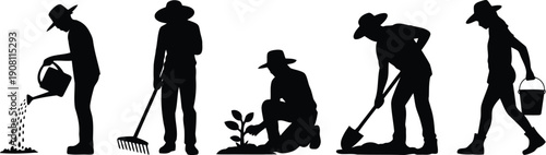 Silhouettes of farmers or gardeners engaged in various tasks like watering, raking, planting, and digging
