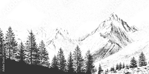 Silhouette of pine trees in foreground against snow covered jagged mountain peaks under a dotted sky