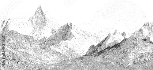 Black and white stippled mountain range with textured foreground and dotted sun