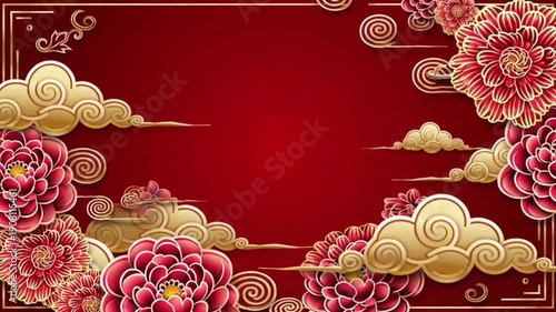 Chinese New Year, Happy new year, Traditional lunar year background with clouds and flowers. Seamless 4K loop video animation with copy space.
