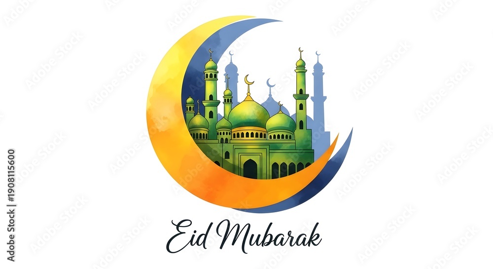 Naklejka premium Eid mubarak islamic celebration logo with mosque and crescent moon