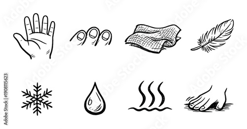 Touch icons: hand, texture, feather, snowflake, water, heat, massage symbols