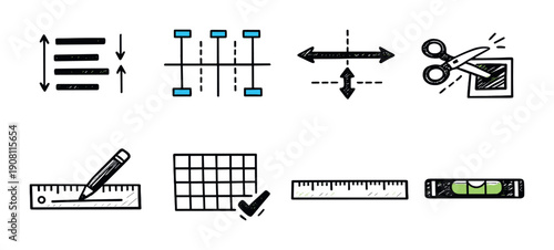 Artistic tool icons for design and measurement on gray background