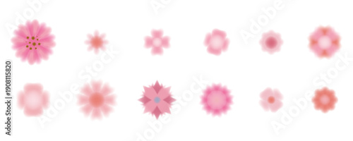 Blur flowers. Pink gradient icons. Different blossoms, botanical element set for design. Floral decoration. Watercolor bloom petals collection. Spring summer nature. Vector isolated illustration