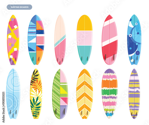 Collection of colorful surfboards with various geometric, tropical, and abstract patterns. Professional surfing equipment set for summer vacation and water sports design. Vector illustration.