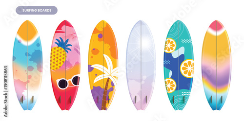 Surfboard set featuring tropical pineapple, palm tree, citrus, and sunset gradient patterns. Vibrant 3D summer vacation equipment for water sports. Vector illustration.