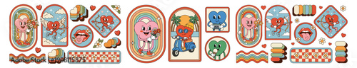 A collection of retro style heart characters in various poses and settings including Cupid hearts hearts on a scooter and hearts with flowers and rainbows vintage cute love