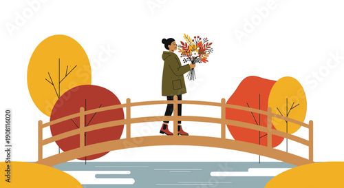 Woman with Autumn Bouquet on Bridge, Seasonal Nature Illustration