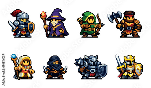 Pixel art warriors and wizards ensemble in fantasy costumes