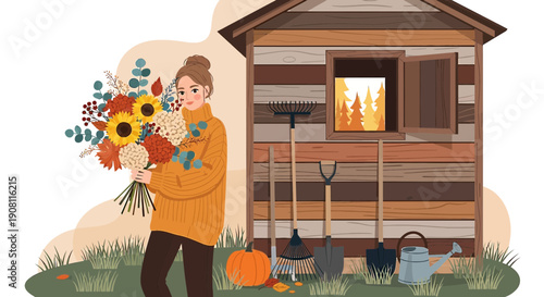 Woman with Autumn Flowers near Garden Shed, Harvest Season Illustration