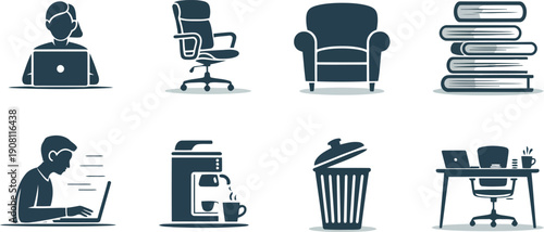 This image features a selection of dark silhouette icons representing office work and study related activities