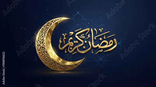 Golden crescent moon and elegant Arabic calligraphy wishing Ramadan Kareem. Sparkling details on a deep blue background for Islamic holy month and festive greetings.