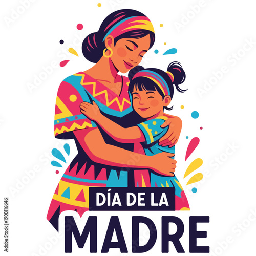 Día de la Madre Mother's Day Illustration with Mexican Mother and Daughter Hugging in Colorful Style