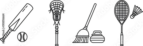 Black and white line drawing of various sports and cleaning equipment