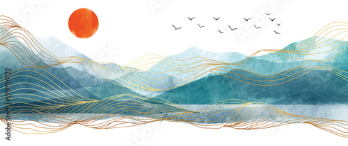 Canvas Print Abstract Mountain Landscape With Sun And Birds Modern Minimal Scenic Illustratio