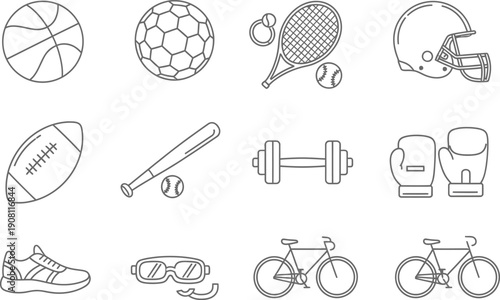Sports equipment and accessories icon set