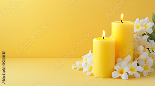 Handmade candles on soft yellow background with white flowers create warm and inviting atmosphere