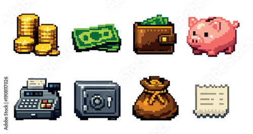 Pixel art finance icons: coins, cash, wallet, piggy bank, cash register, safe, money bag