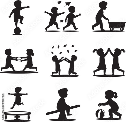 black silhouettes of children playing  various fun activities
