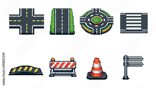 Pixel art road elements collection: crossroads, highway, roundabout, zebra crossing, barrier, cone, signpost