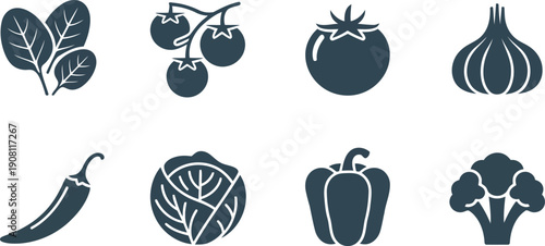 Various common garden vegetables like tomatoes, garlic, and broccoli shown as simple black graphic symbols