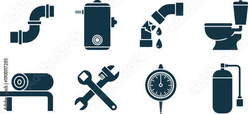 Various dark blue plumbing and heating icons depicting a broken pipe, tools, and water system components