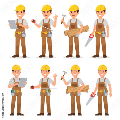 Eight male construction workers are depicted holding various tools and materials like a tablet measuring tape hammer wooden planks and a saw handyman builder craftsman renovation
